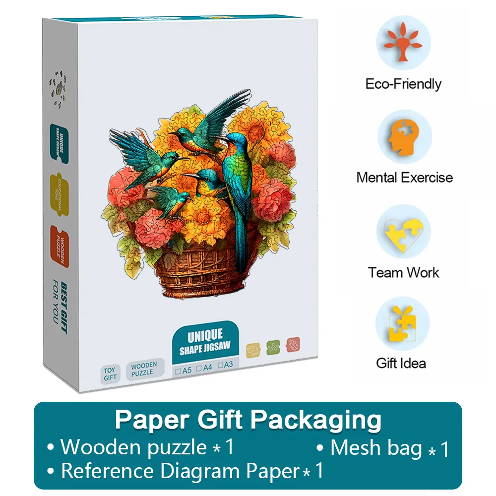Flower Basket Hummingbird - Wooden Jigsaw Puzzles - A2 - Paper Gift Packaging - image 6