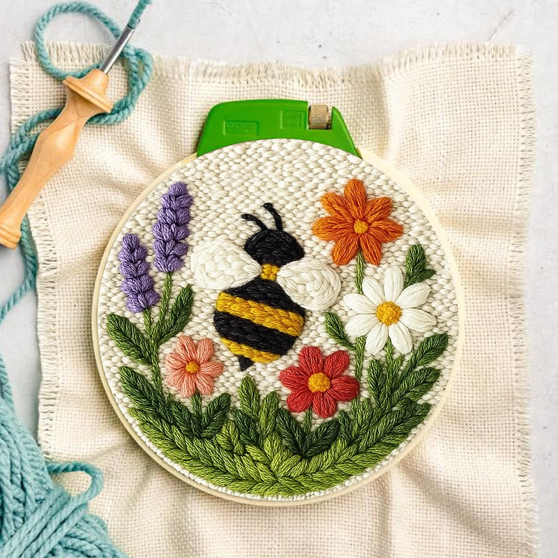 Bee With Flower Punch Needle Kit - Beautiful Decorative Art | Unique Handmade Coaster - 8 inch Hoop Kit - image 0