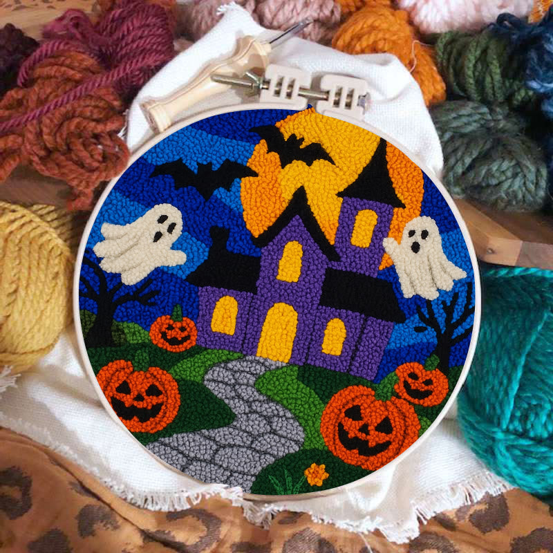 Halloween Night Punch Needle Kit - Spooky Castle Craft | Diy Needle Artwork - 8 inch Hoop Kit - image 0