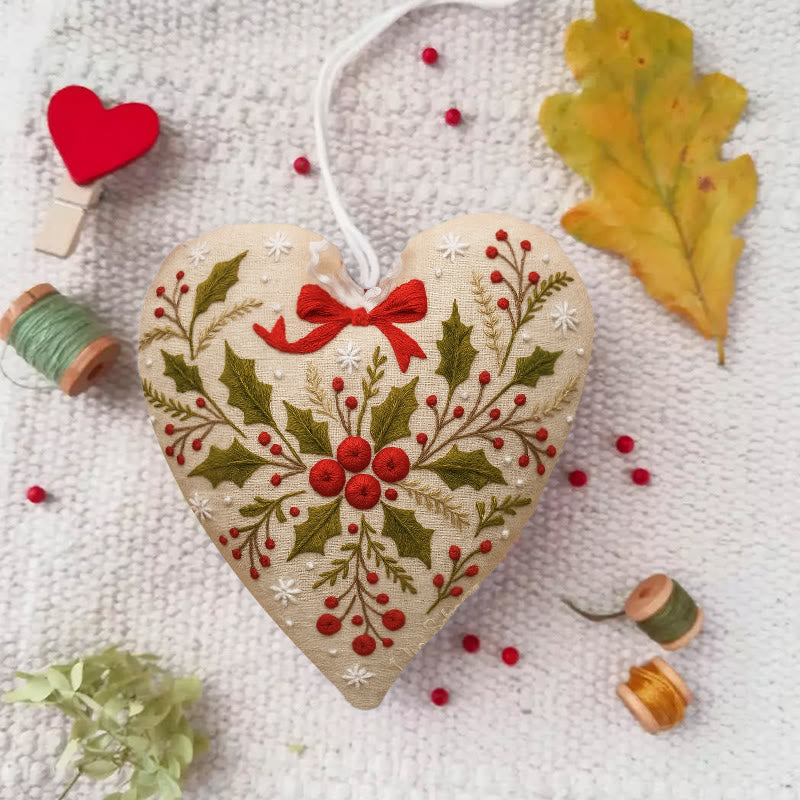 Rubbyoo Heart Embroidery Kit - Holly Leaves | Christmas Heart Hanging | Creative Home Ornament  - 6 inches hoop kit - image 0