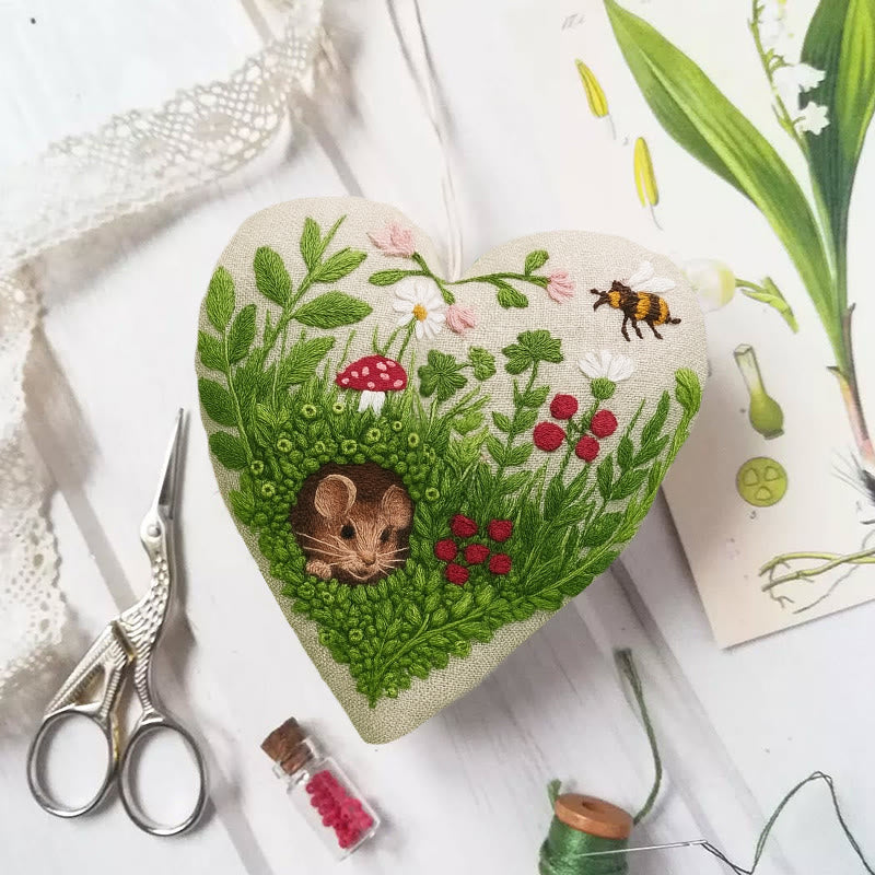 Rubbyoo Heart Embroidery Kit - Floral Mouse | Cute Animal Craft | Home Hanging Art - 6 inches hoop kit - image 0