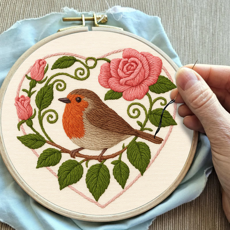 Rubbyoo Embroidery Kit - Rose Robin | Diy Stitch Bird Decor | Nice Handmade Gift For Her - image 2