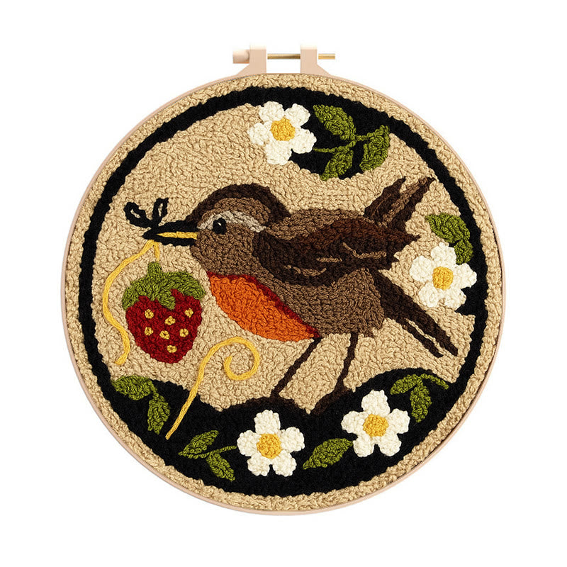 Strawberry Bird Punch Needle Kit - Diy Needle Yarn Craft | Beginner Handmade Art - 8 inch Hoop Kit - image 0
