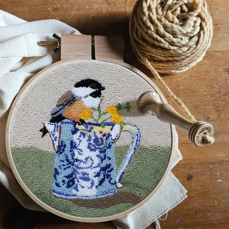  Bird With Teapot Punch Needle Kit - Lovely Bird Handicraft |  Diy Decorative Hoop Art - image 4