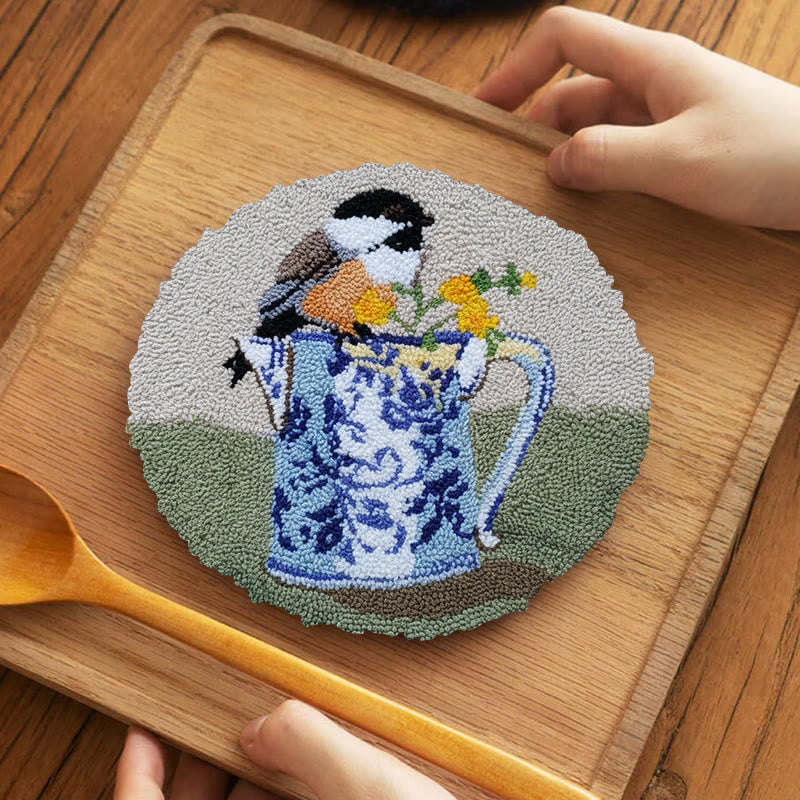  Bird With Teapot Punch Needle Kit - Lovely Bird Handicraft |  Diy Decorative Hoop Art - 5 inch Coaster Kit - image 10