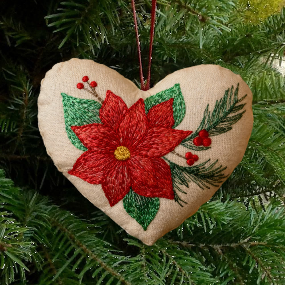 Rubbyoo Heart Embroidery Kit - Winter Poinsettia | Christmas Floral Ornament | Handmade Hoop Art  - 6 inches hoop kit - image 0