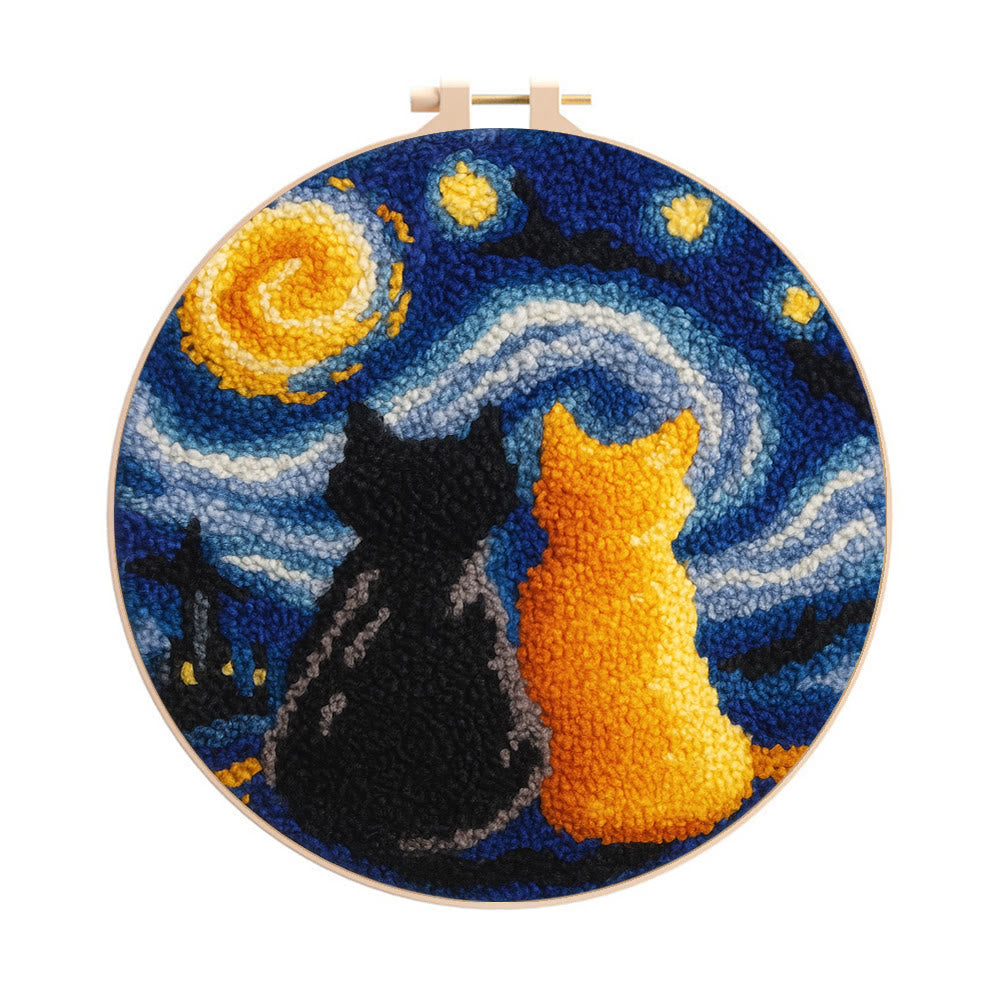 Starry Sky With Cats Punch Needle Kit - Creative Coaster Art | Unique Desk Decor  - 8 inch Hoop Kit - image 0