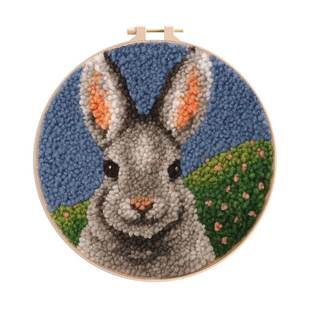 Lovely Grey Rabbit Punch Needle Kit - Diy Needlepoint For Beginner | Nice Handmade Craft - 8 inch Hoop Kit - image 0