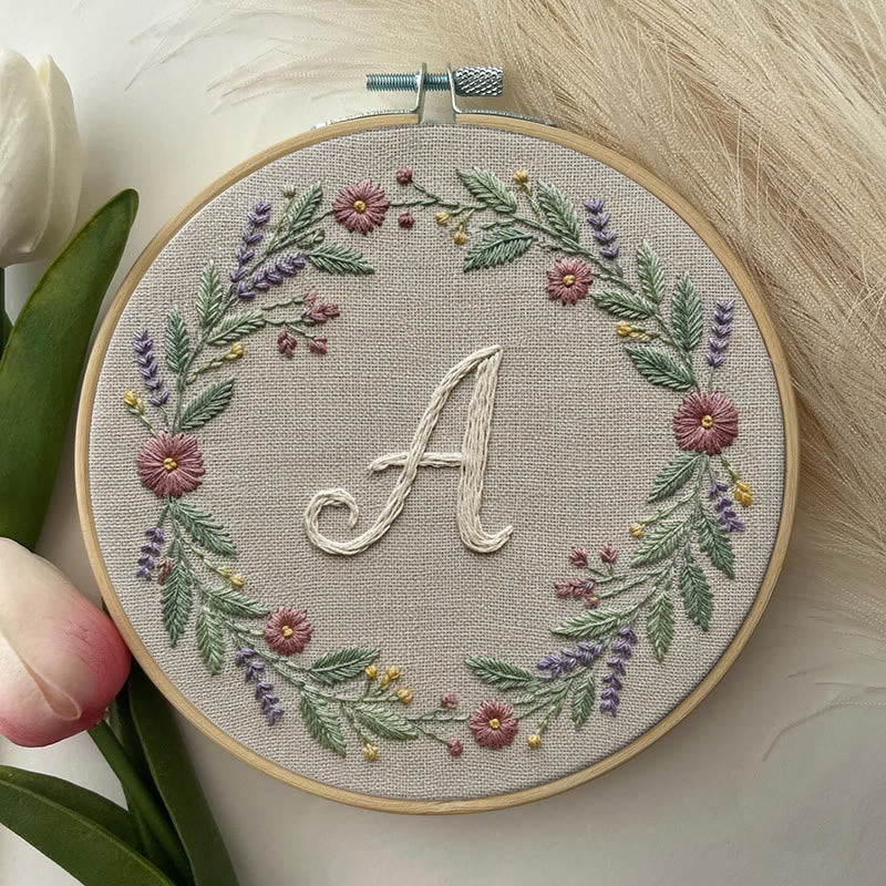 Rubbyoo Embroidery Kit - Alphabet Floral Wreath | 26 Letter Handmade Craft | Diy Wall Hanging Decoration - image 1