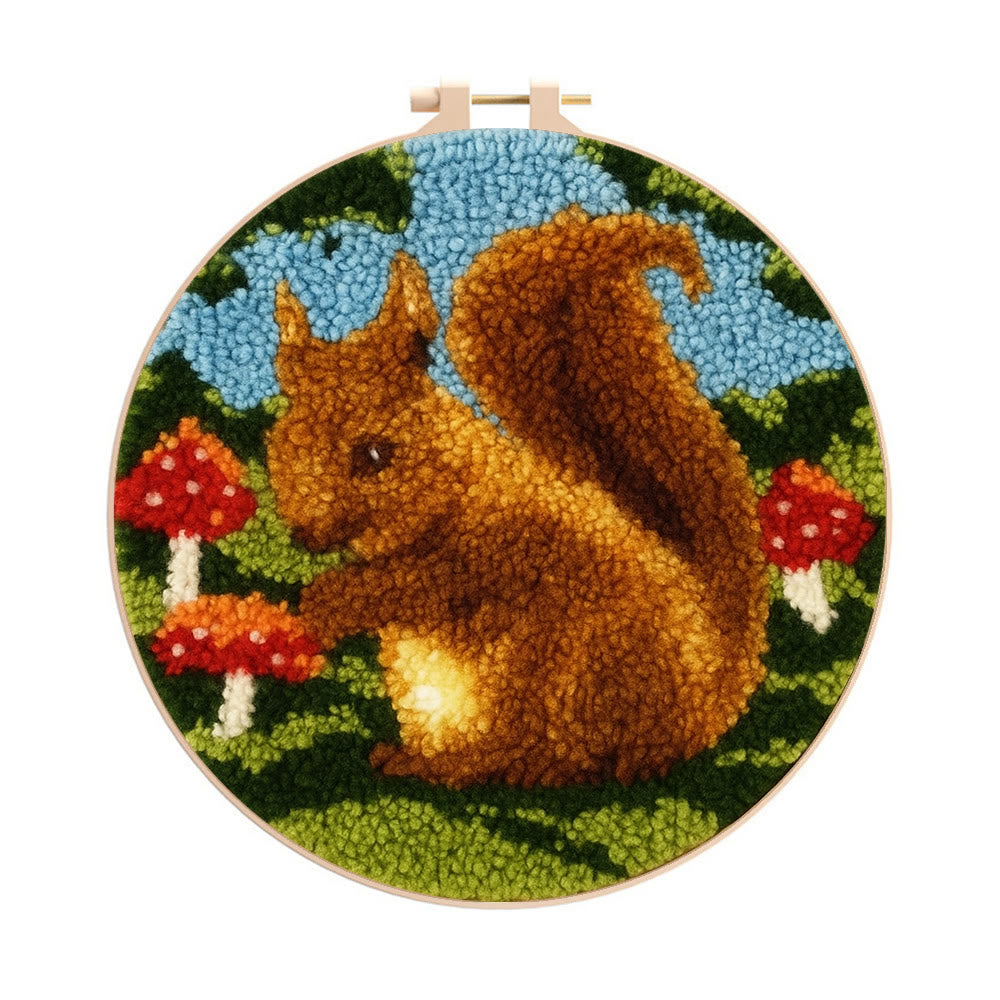 Squirrel Mushroom Punch Needle Kit - Nature Craft | Ideal for Home Decor - 8 inch Hoop Kit - image 0