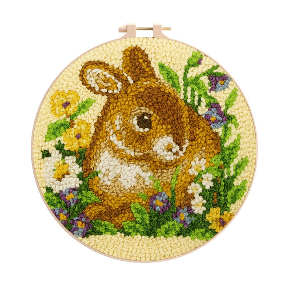 Bunny In Floral Meadow Punch Needle Kit - Handstitched Creation | Exquisite Hanging Ornament - 8 inch Hoop Kit - image 0