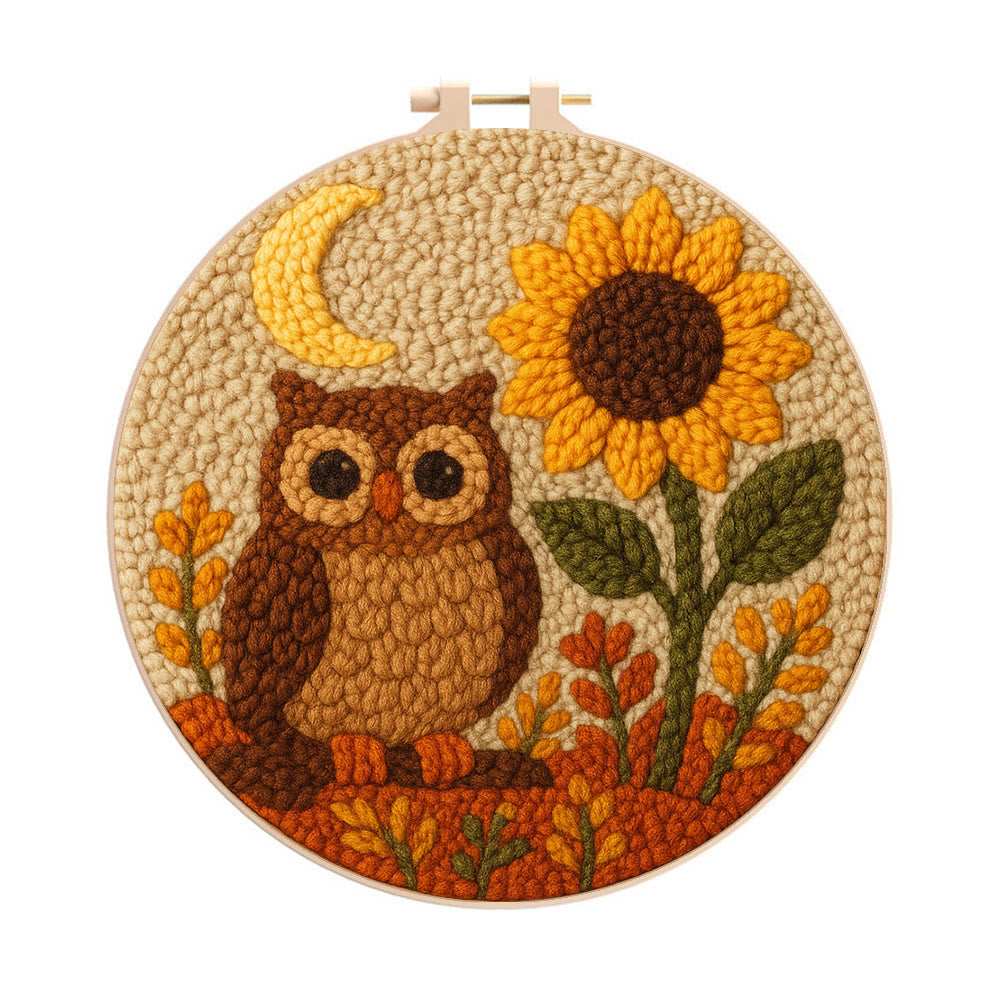 Autumn Owl Sunflower Punch Needle Kit - Gift For Diy Enthusiasts | Cozy Home Decor  - 8 inch Hoop Kit - image 0