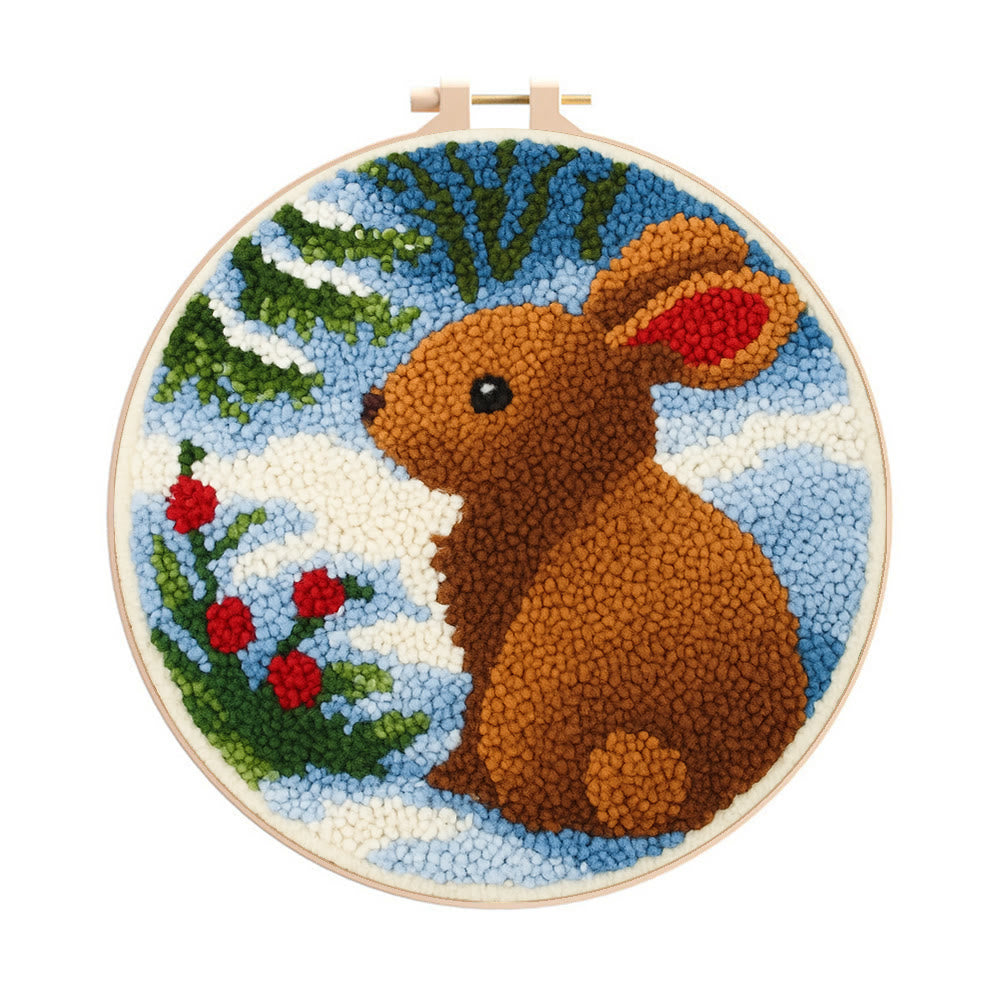Winter Bunny Punch Needle Kit - Artisan-crafted Piece | Seasonal Decor - 8 inch Hoop Kit - image 0