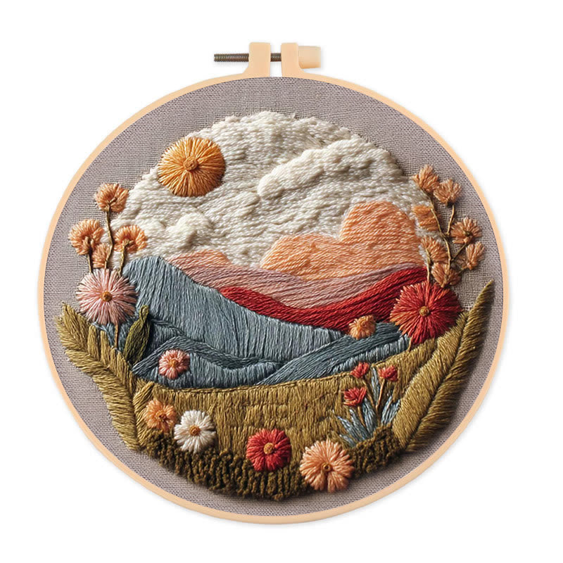 Rubbyoo Embroidery Kit - Floral Mountain Sunset | Nature Diy Craft | Boho Home Decor - 20*20cm - image 0