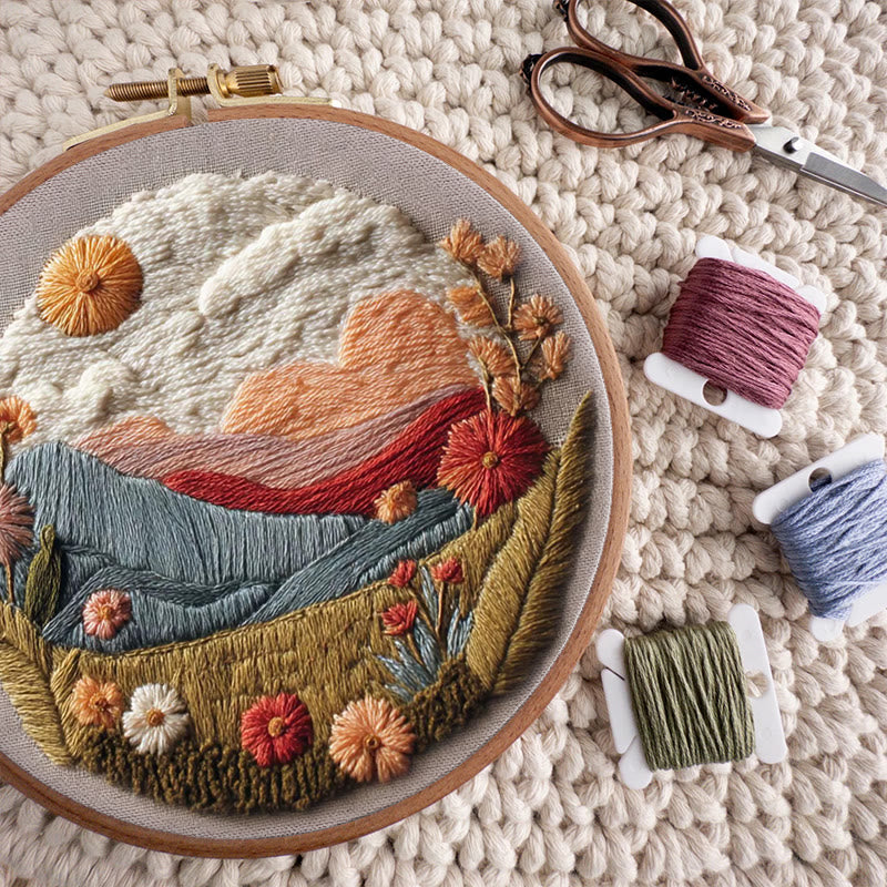 Rubbyoo Embroidery Kit - Floral Mountain Sunset | Nature Diy Craft | Boho Home Decor - image 5
