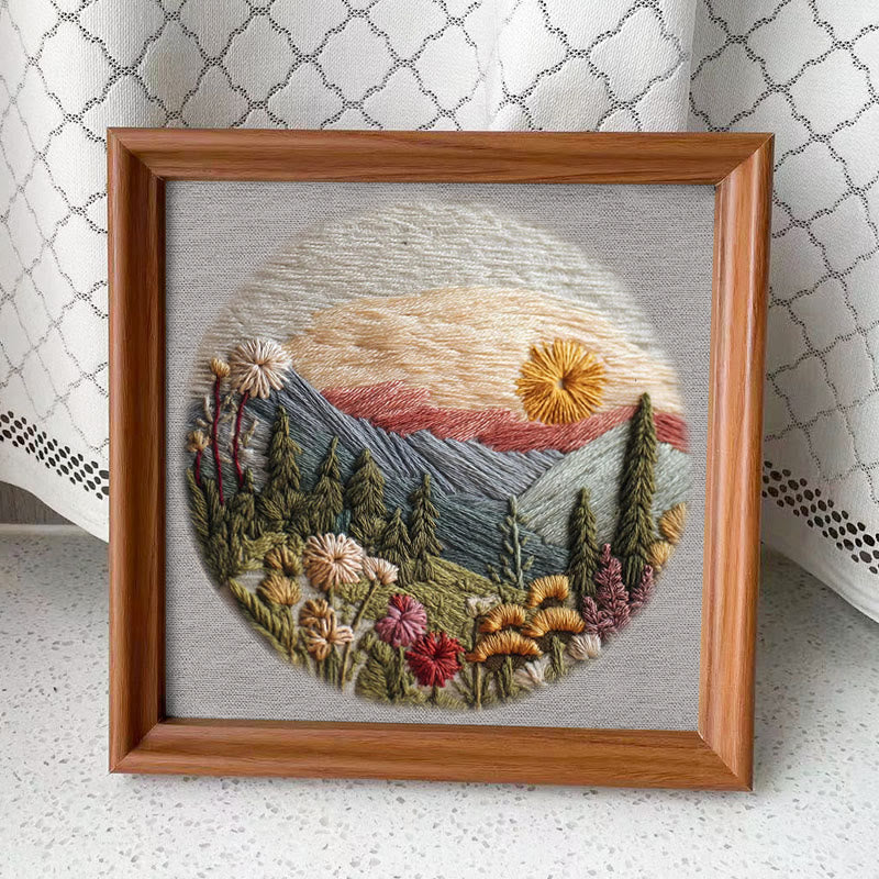Rubbyoo Embroidery Kit - Alpine Floral Sunset | Outdoor-inspired Diy | Boho Wall Art Kit - Embroidery Kit Plus An Extra Frame - image 1