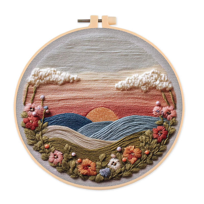 Rubbyoo Embroidery Kit - Floral Sunset Landscape | Scenic Diy Craft | Artistic Home Accent Kit - 20*20cm - image 0