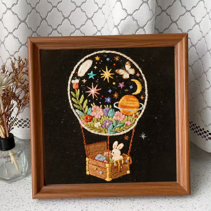 Rubbyoo Embroidery Kit - Bunny Cosmos Balloon | Enchanting Home Accent | Ideal Creative Gift - Embroidery Kit Plus An Extra Frame - image 1