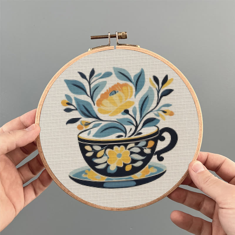 Cross Stitch Kit - Floral Teacup | Elegant Needle Craft | Hoop Art For Hanging Decoration  - image 3
