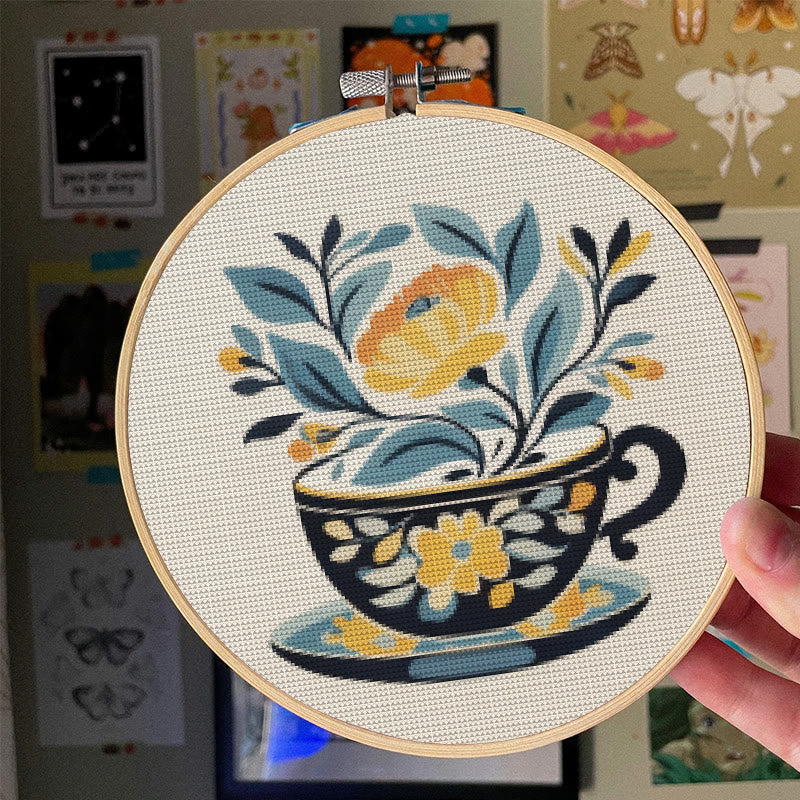 Cross Stitch Kit - Floral Teacup | Elegant Needle Craft | Hoop Art For Hanging Decoration  - image 1