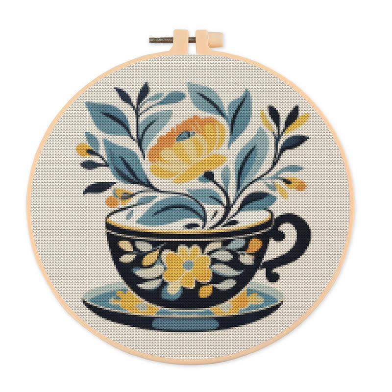 Cross Stitch Kit - Floral Teacup | Elegant Needle Craft | Hoop Art For Hanging Decoration  - 20×20cm - image 0