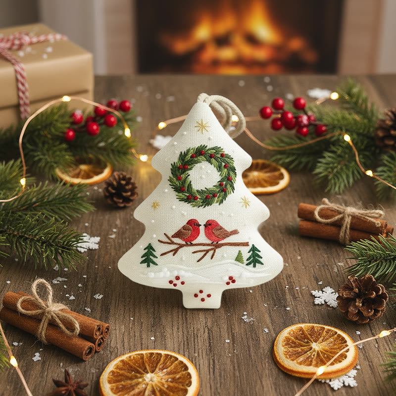 Rubbyoo Tree-shaped Embroidery Kit - Two Birds and Wreath Scene | Hand Embroidery Pattern | Christmas Gift for Her - image 3