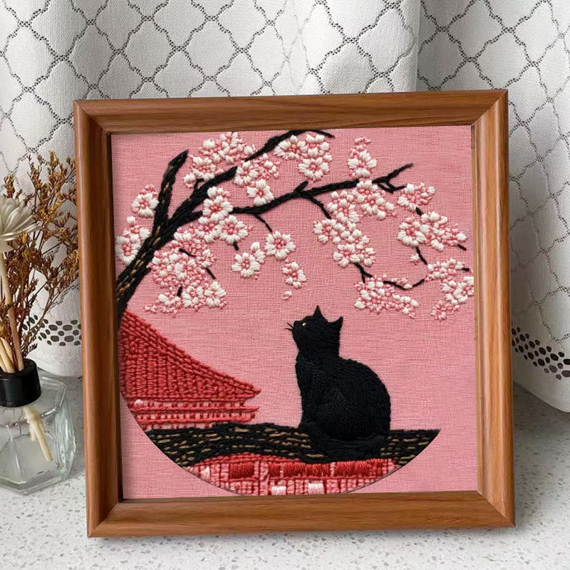 Rubbyoo Embroidery Kit - Sakura Cat | Oriental-inspired Diy | Whimsical Wall Art Kit - Embroidery Kit Plus An Extra Frame - image 1