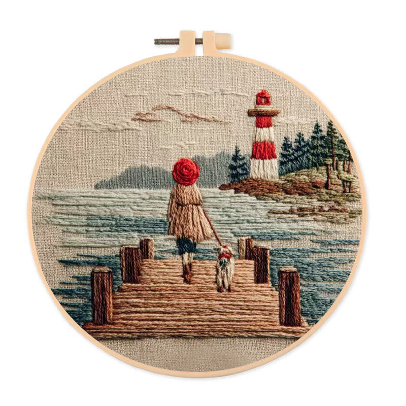 Rubbyoo Embroidery Kit - Coastal Lighthouse Walk with Pet | Nestlike Craft | Presentable Warm Living Wall Art - 20*20cm - image 0