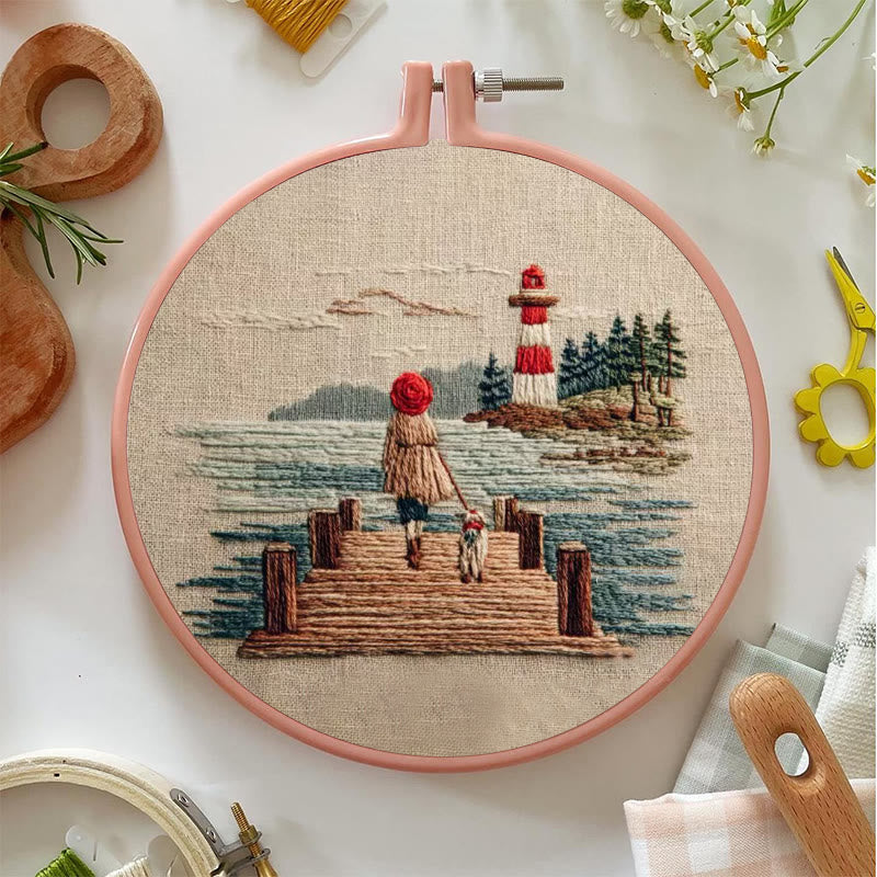 Rubbyoo Embroidery Kit - Coastal Lighthouse Walk with Pet | Nestlike Craft | Presentable Warm Living Wall Art - image 3