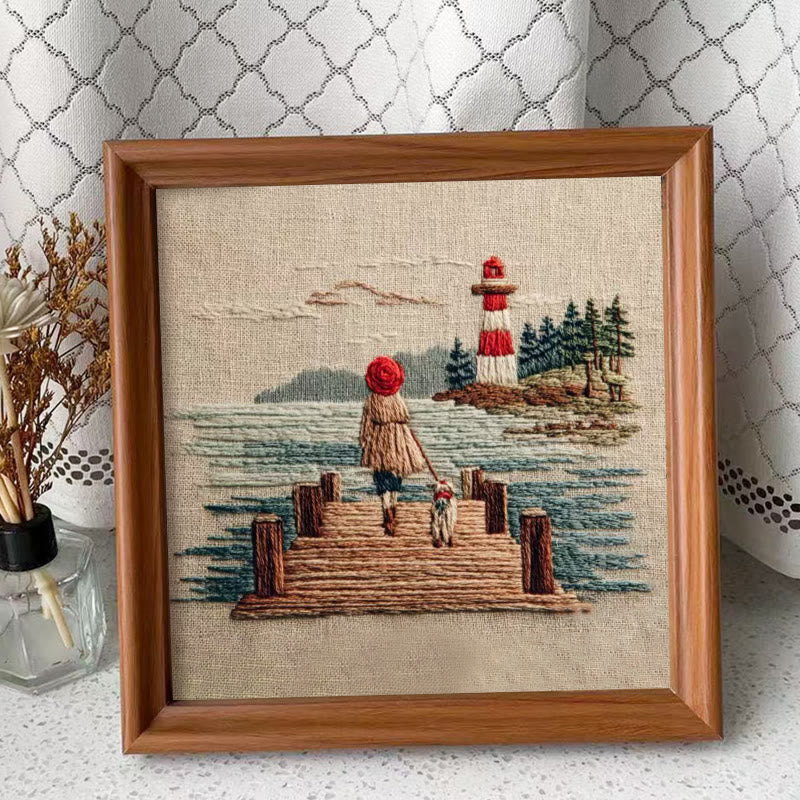 Rubbyoo Embroidery Kit - Coastal Lighthouse Walk with Pet | Nestlike Craft | Presentable Warm Living Wall Art - Embroidery Kit Plus An Extra Frame - image 1