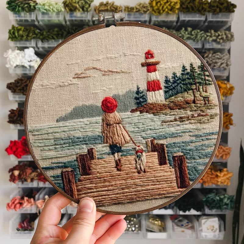 Rubbyoo Embroidery Kit - Coastal Lighthouse Walk with Pet | Nestlike Craft | Presentable Warm Living Wall Art - image 5