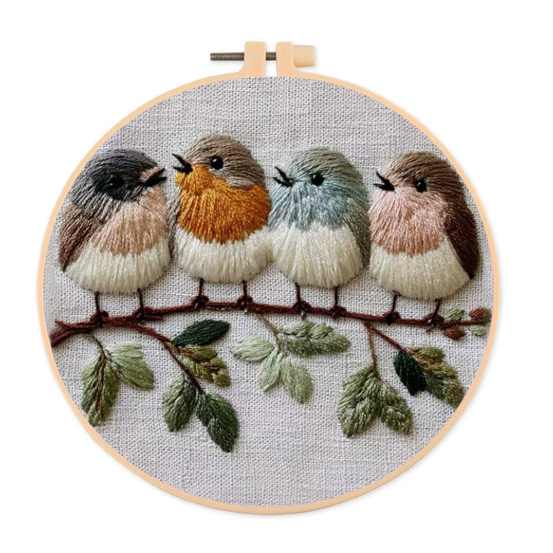 Rubbyoo Embroidery Kit - Four Birds on Branch | Modern Embroidery Hoop | Charming Wall Decor - 20*20cm - image 0