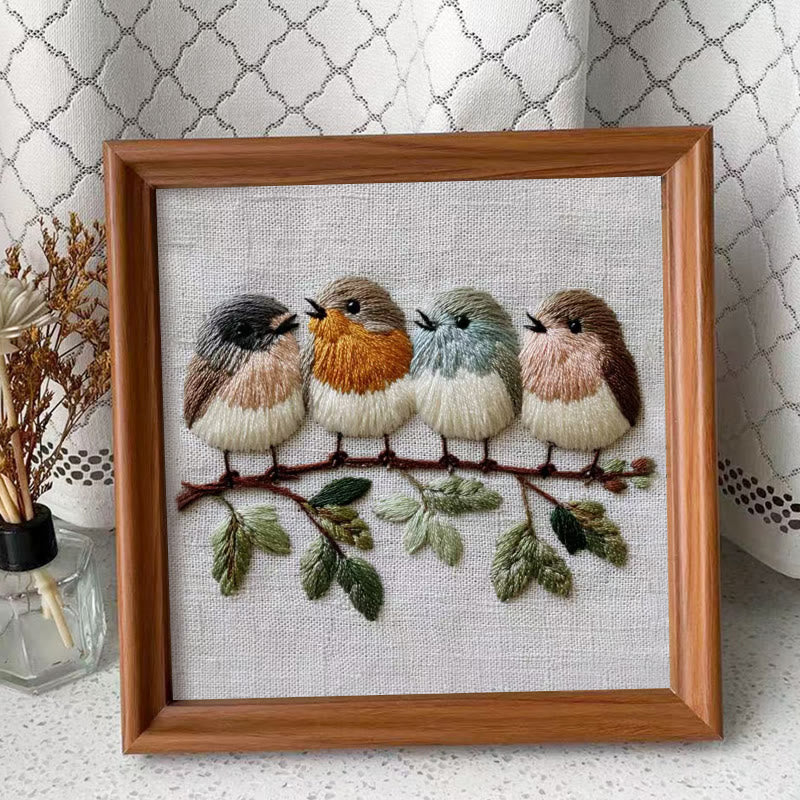 Rubbyoo Embroidery Kit - Four Birds on Branch | Modern Embroidery Hoop | Charming Wall Decor - Embroidery Kit Plus An Extra Frame - image 1
