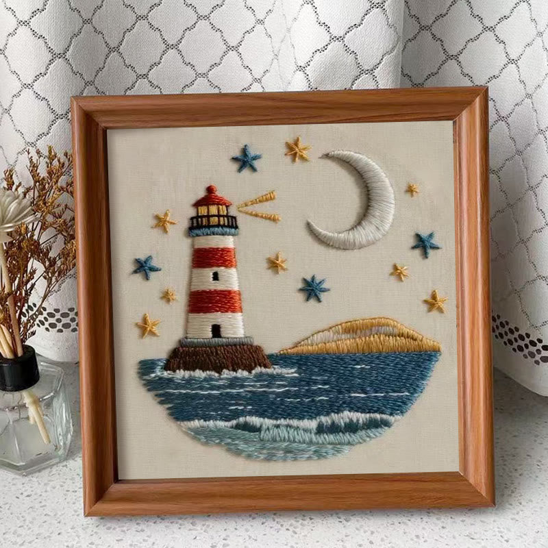 Rubbyoo Embroidery Kit - Nightfall Lighthouse | Ocean-inspired Art | Home Display Piece - Embroidery Kit Plus An Extra Frame - image 1