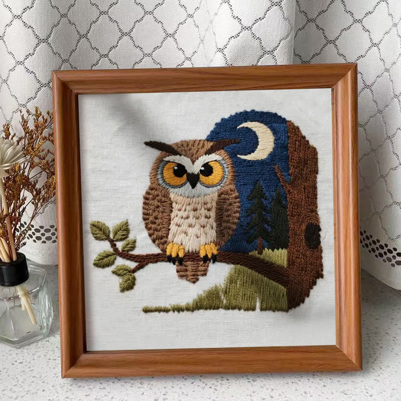 Rubbyoo Embroidery Kit - Moonlit Owl | Twilight Nature Art | Refined Home Showcase - Embroidery Kit Plus An Extra Frame - image 1