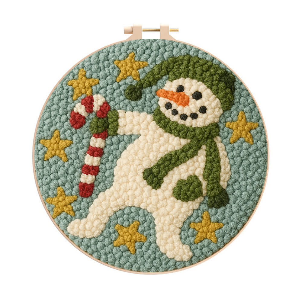 Whimsical Snowman Punch Needle Kit – Fun Holiday DIY Stitch Project | Playful Winter Decor - 8 inch Hoop Kit - image 0