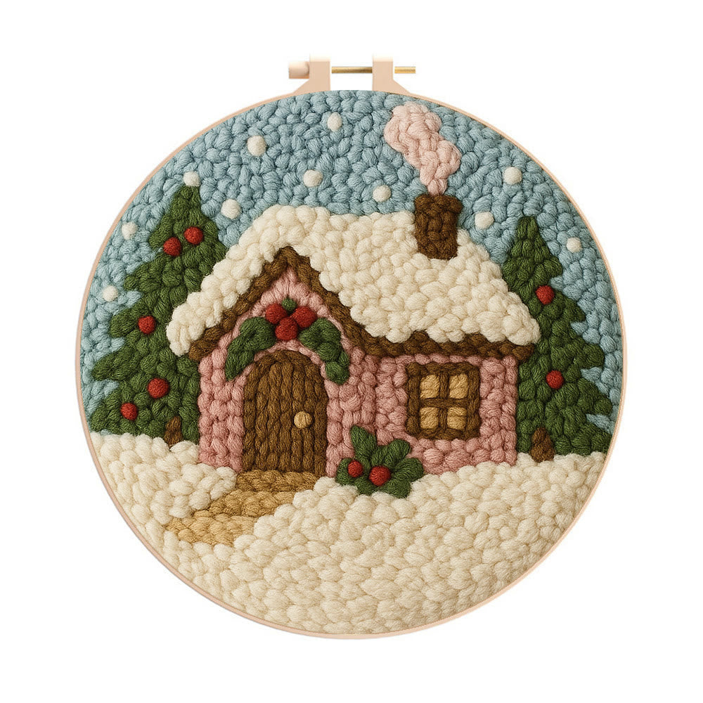 Cozy Pastel Punch Needle Kit – Beginner Snowy Cottage Stitching | Relaxing DIY Craft Experience - 8 inch Hoop Kit - image 0