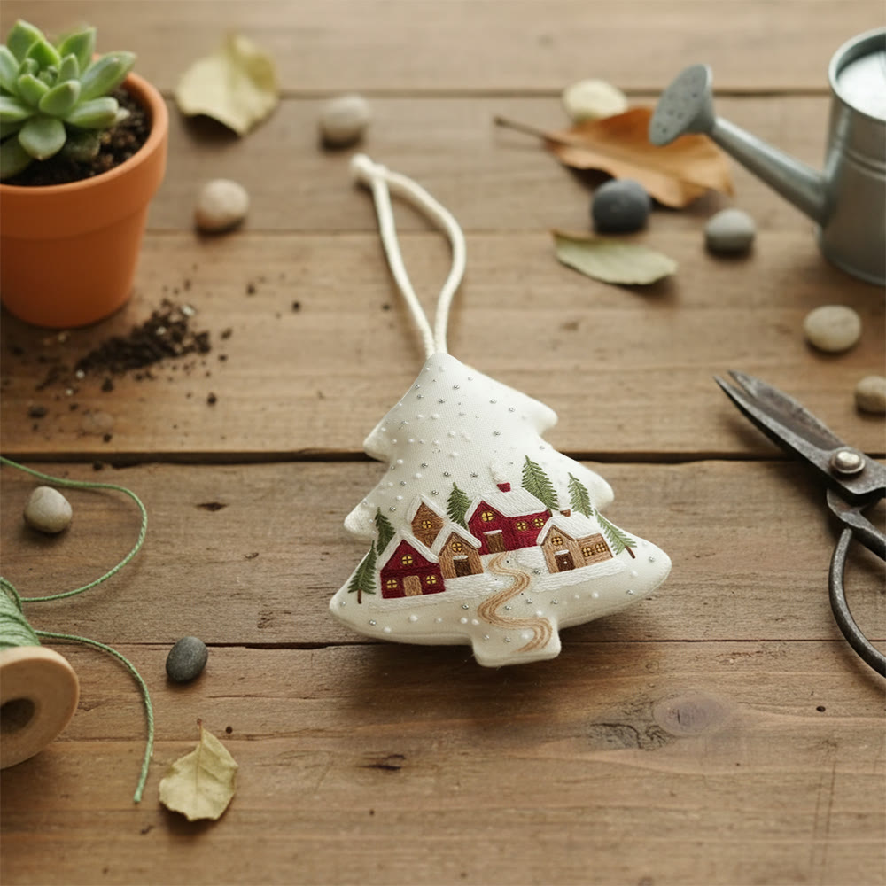 Rubbyoo Tree-shaped Embroidery Kit - Snowy Town | Winter Needle Art | Christmas Tree Ornament - image 3