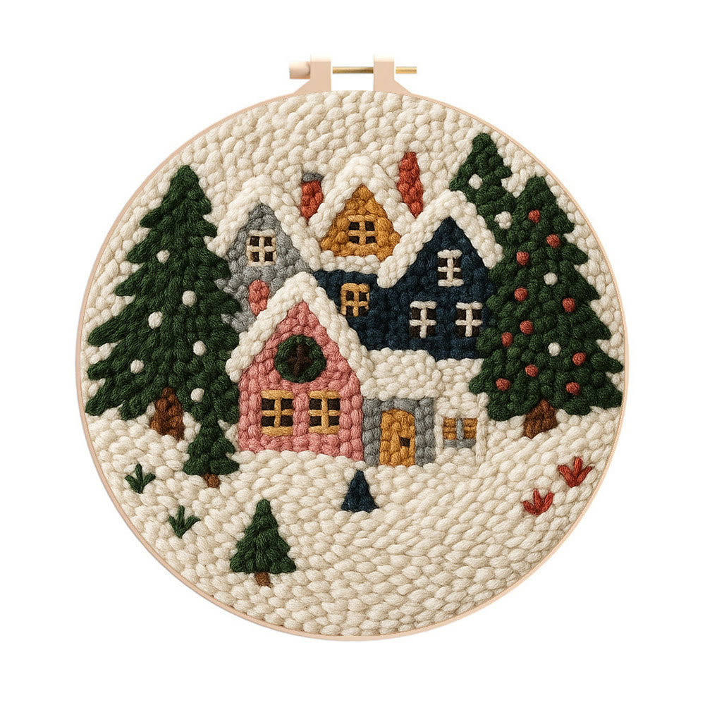 Snowy Village Punch Needle Kit – Simple DIY Project | Cozy Holiday Display - 8 inch Hoop Kit - image 0