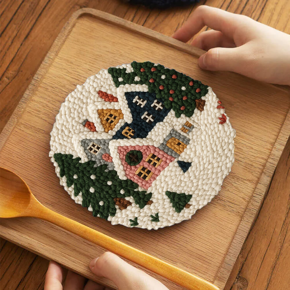 Snowy Village Punch Needle Kit – Simple DIY Project | Cozy Holiday Display - 5 inch Coaster Kit - image 3