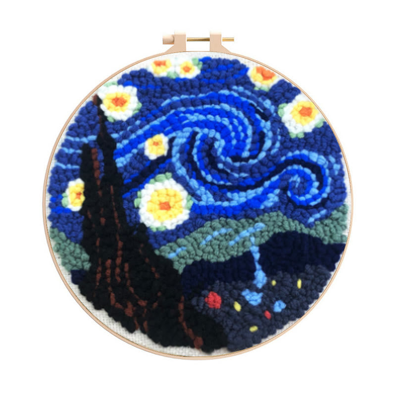 Starry Night Punch Needle Kit – Artistic DIY Design | Expressive Handmade Home Accent - 8 inch Hoop Kit - image 0