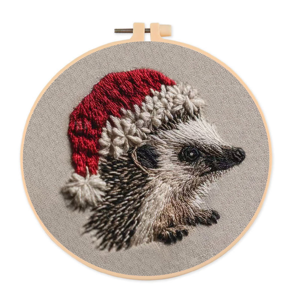 Rubbyoo Embroidery Kit - Hedgehog  Christmas Hat | Winter Woodland Animal | Christmas Stitch Art - 20*20cm - image 0