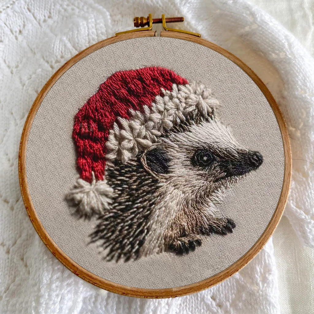 Rubbyoo Embroidery Kit - Hedgehog  Christmas Hat | Winter Woodland Animal | Christmas Stitch Art - image 3