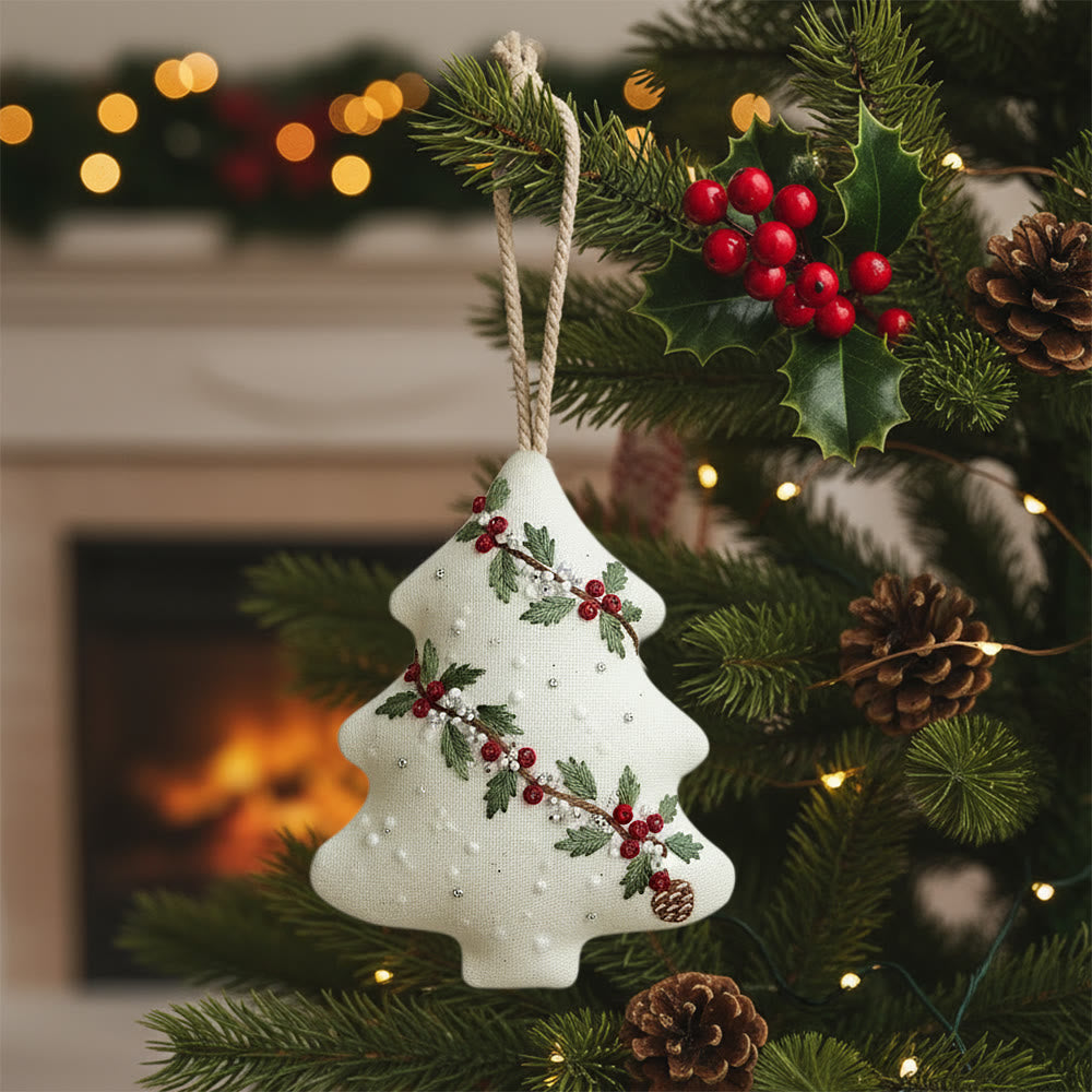 Rubbyoo Tree-shaped Embroidery Kit - Holly Berry Detailed Motif | Exquisitely Detailed Stitchwork | Sophisticated Festive Hanging Accent - 6 inches hoop kit - image 0