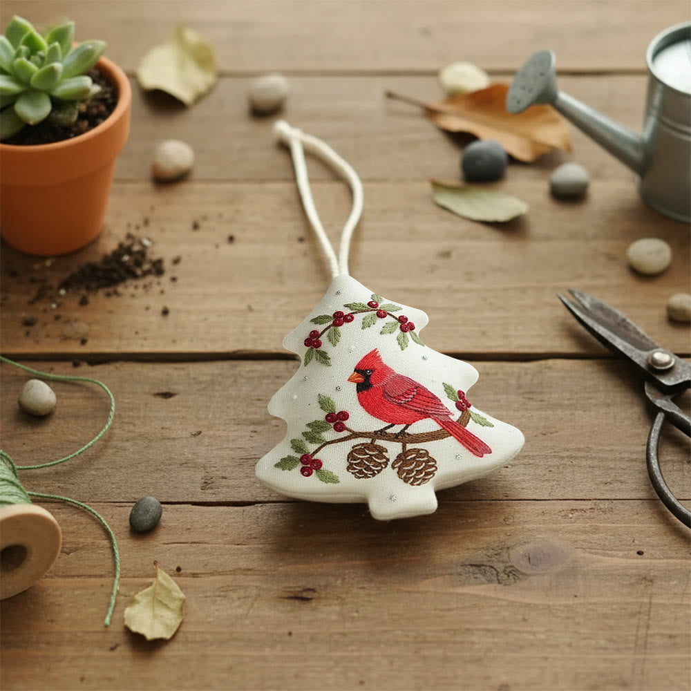 Rubbyoo Tree-shaped Embroidery Kit - Red Cardinal Holly Pinecones | Beginner-Friendly Stitching | Christmas Tree Accent - image 3