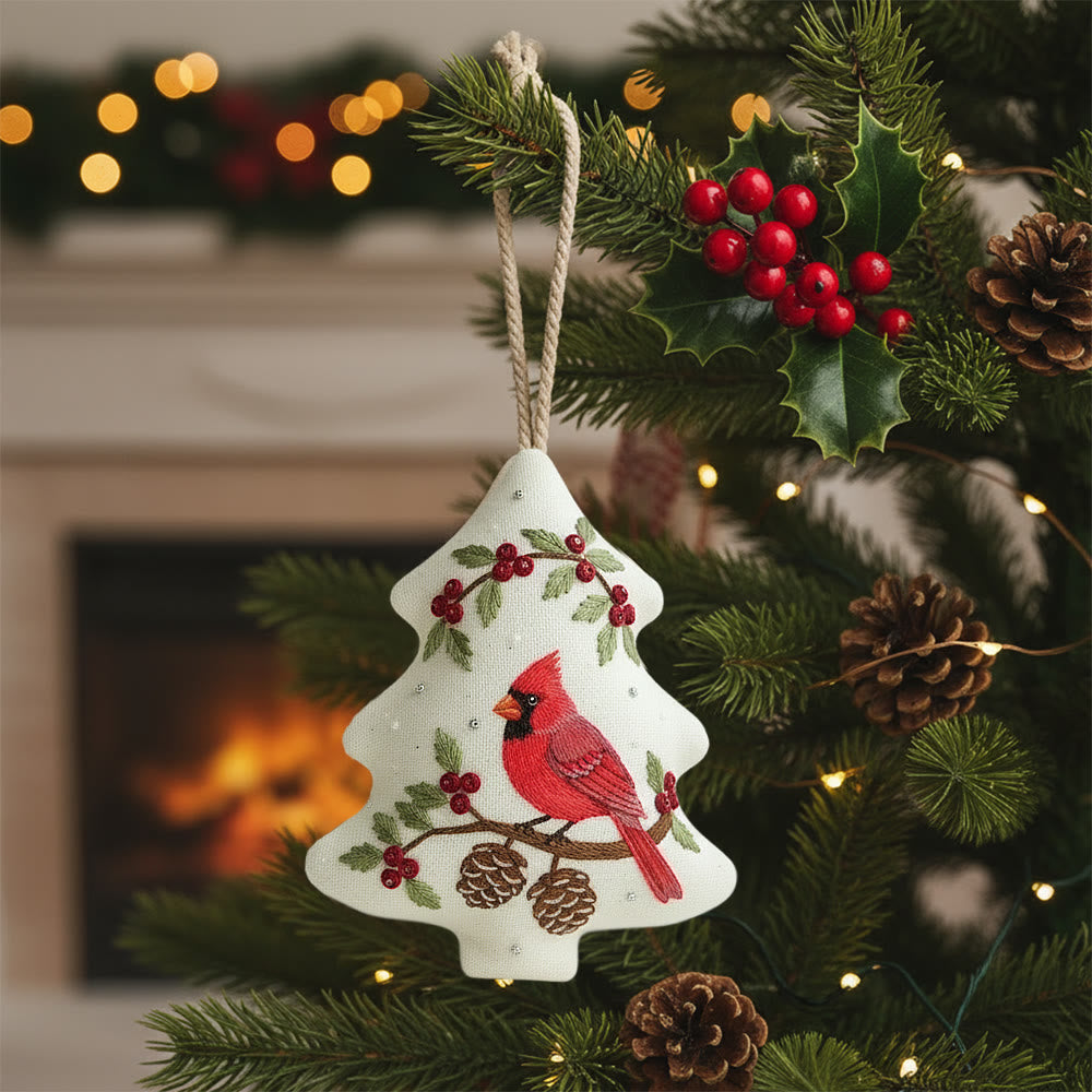 Rubbyoo Tree-shaped Embroidery Kit - Red Cardinal Holly Pinecones | Beginner-Friendly Stitching | Christmas Tree Accent - 6 inches hoop kit - image 0
