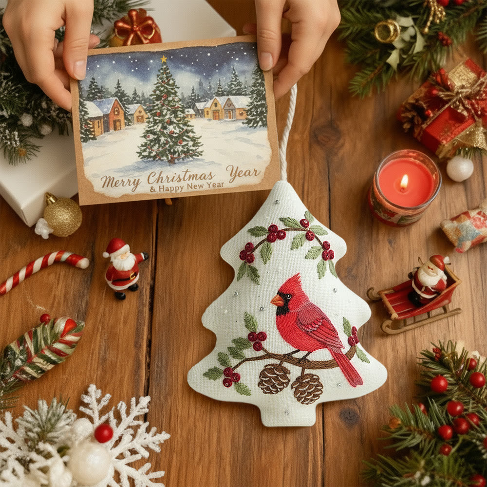 Rubbyoo Tree-shaped Embroidery Kit - Red Cardinal Holly Pinecones | Beginner-Friendly Stitching | Christmas Tree Accent - image 7