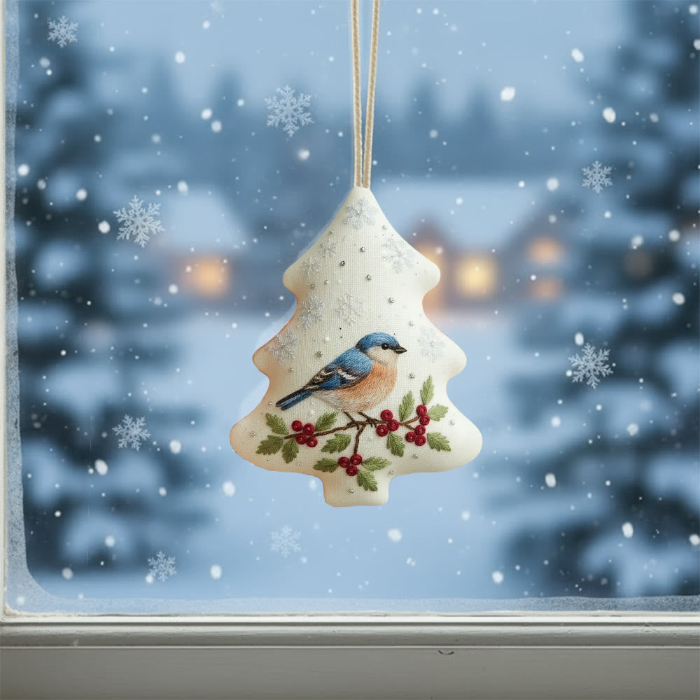 Rubbyoo Tree-shaped Embroidery Kit - Winter Bluebird Berry | Delicate Bird-Themed Stitching | Elegant Ornament Gift - image 1