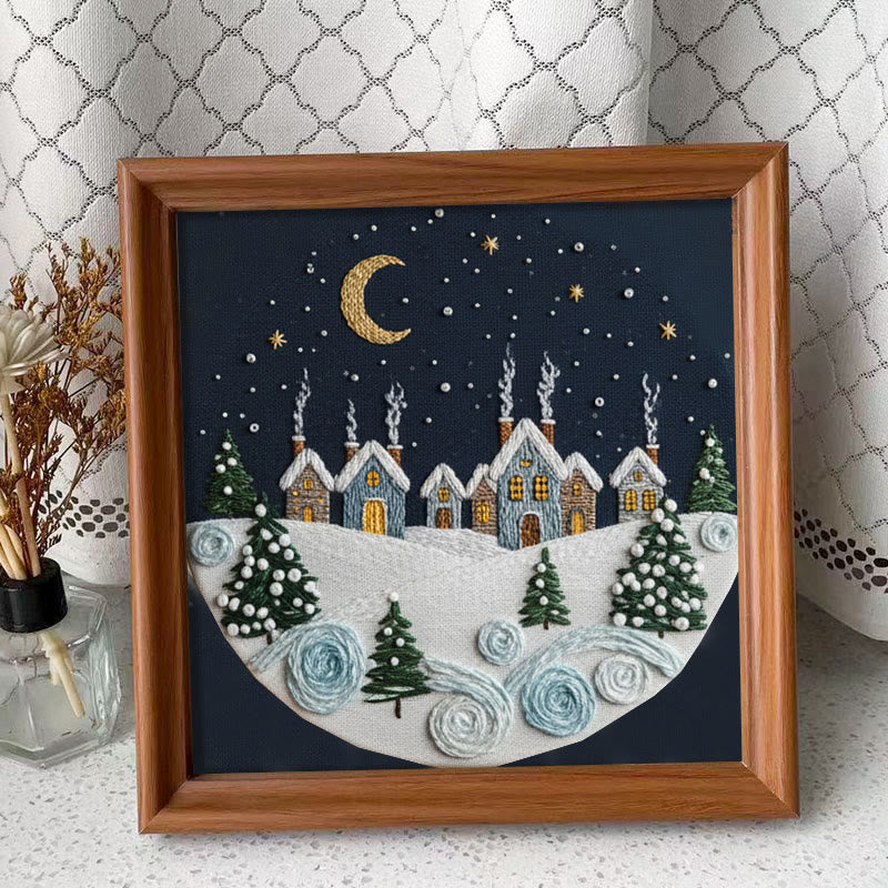 Rubbyoo Embroidery Kit - Moonlit Snow Town | Cozy Home Ornament | Hand Stitch Craft - Embroidery Kit Plus An Extra Frame - image 3