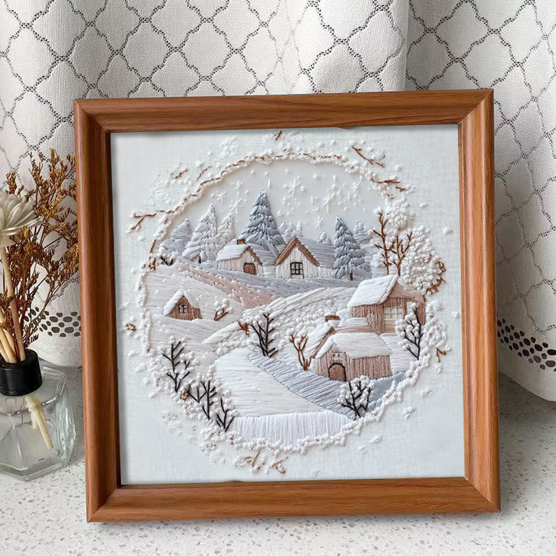 Rubbyoo Embroidery Kit - Frosty Woodland Village | Wintry Decor Piece | Textured Embroidery Work - Embroidery Kit Plus An Extra Frame - image 3